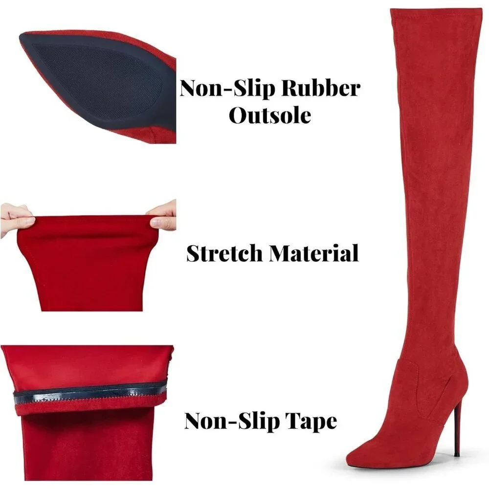 Women Red Suede Pointed Toe 4.3 inch Stilettos Thigh High Heels Stretch Boots
